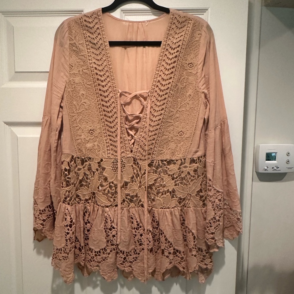 Boho camel lace up top with see through lace features on sleeve/bodice